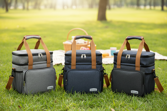CB11-4 Insulated Cooler Lunch Bag lifestyle shot - Grey, Navy and Charcoal with outdoor background